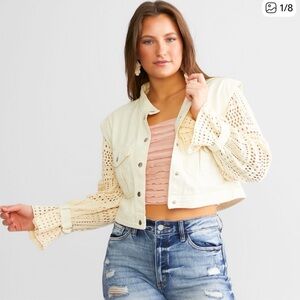 Mystree Crochet-Sleeve Cream Jacket with Button Front
